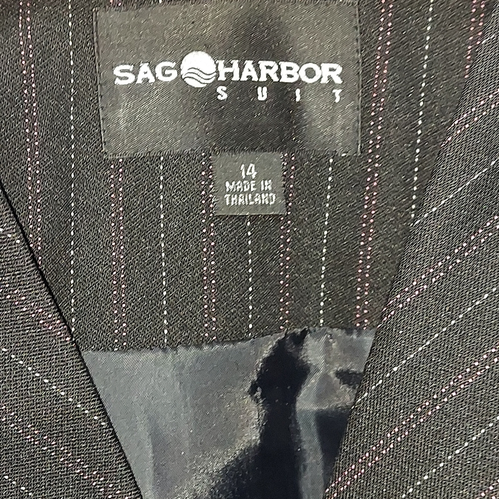 Sag Harbor 2 Piece Pinstriped Career Blazer Skirt Set Contrasting Pink Belt Plus - Picture 12 of 16
